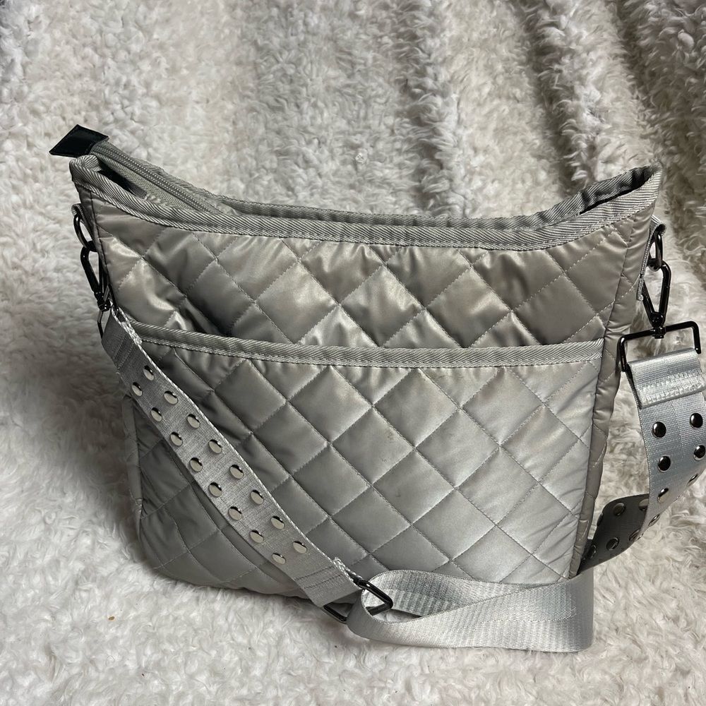 HAUTE SHORE PERRI BEAM GRAY QUILTED PUFFER CROSSBODY BAG STUDS ACCENT